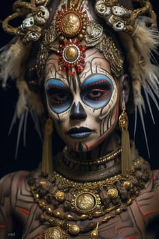 A beautiful woman wearing jewelry and having her face painted for the Day of the Dead celebration