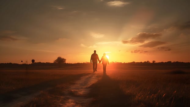 A heterosexual human couple silhouettes holding hands and walking towards dawn at summer field. Neural network generated in May 2023. Not based on any actual person, scene or pattern.