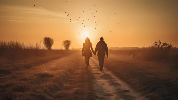 A heterosexual human couple silhouettes holding hands and walking towards dawn at summer field. Neural network generated in May 2023. Not based on any actual person, scene or pattern.