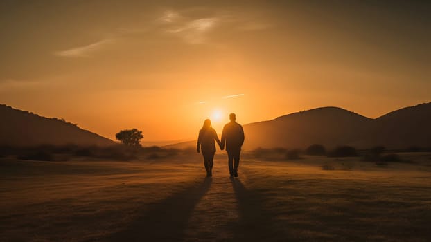 A heterosexual human couple silhouettes holding hands and walking towards dawn at summer field. Neural network generated in May 2023. Not based on any actual person, scene or pattern.