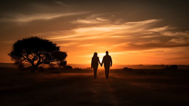 A heterosexual human couple silhouettes holding hands and walking towards dawn at summer field. Neural network generated in May 2023. Not based on any actual person, scene or pattern.