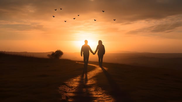 A heterosexual human couple silhouettes holding hands and walking towards dawn at summer field. Neural network generated in May 2023. Not based on any actual person, scene or pattern.