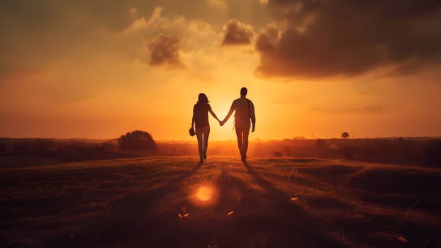 A heterosexual human couple silhouettes holding hands and walking towards dawn at summer field. Neural network generated in May 2023. Not based on any actual person, scene or pattern.