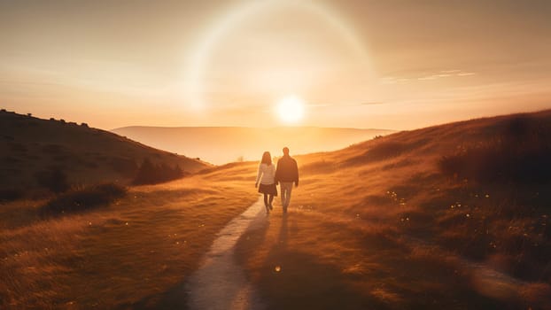 A heterosexual human couple silhouettes holding hands and walking towards dawn at summer field. Neural network generated in May 2023. Not based on any actual person, scene or pattern.