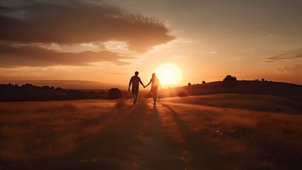 A heterosexual human couple silhouettes holding hands and walking towards dawn at summer field. Neural network generated in May 2023. Not based on any actual person, scene or pattern.