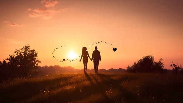 A heterosexual human couple silhouettes holding hands and walking towards dawn at summer field. Neural network generated in May 2023. Not based on any actual person, scene or pattern.