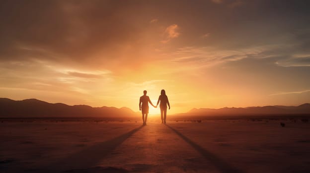 A heterosexual human couple silhouettes holding hands and walking towards dawn at desert. Neural network generated in May 2023. Not based on any actual person, scene or pattern.