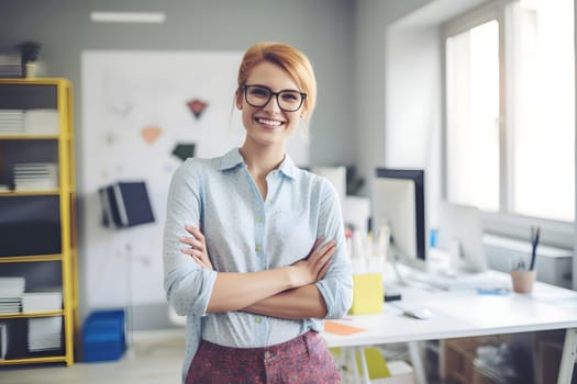 Happy caucasian female designer standing in office. Neural network generated in May 2023. Not based on any actual person, scene or pattern.