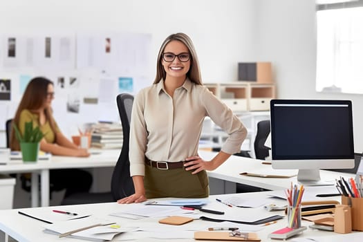 Happy caucasian female designer standing in office. Neural network generated in May 2023. Not based on any actual person, scene or pattern.