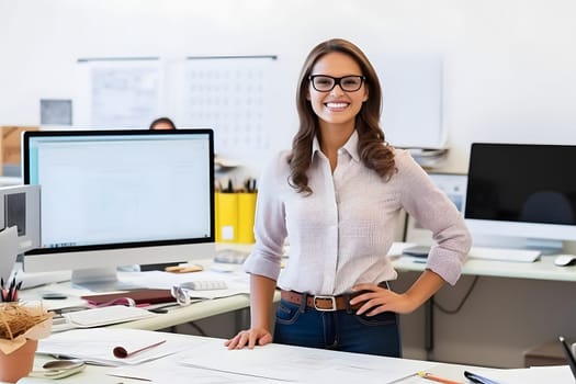 Happy caucasian female designer standing in office. Neural network generated in May 2023. Not based on any actual person, scene or pattern.