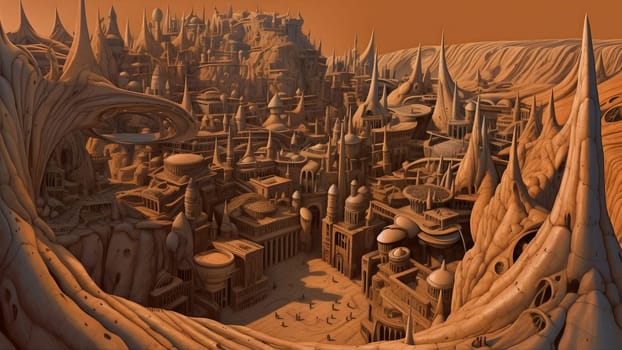 Fantastic alien city made of sand. Neural network generated in May 2023. Not based on any actual person, scene or pattern.