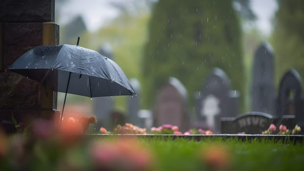 rainy funeral with bokeh. Neural network generated in May 2023. Not based on any actual person, scene or pattern.