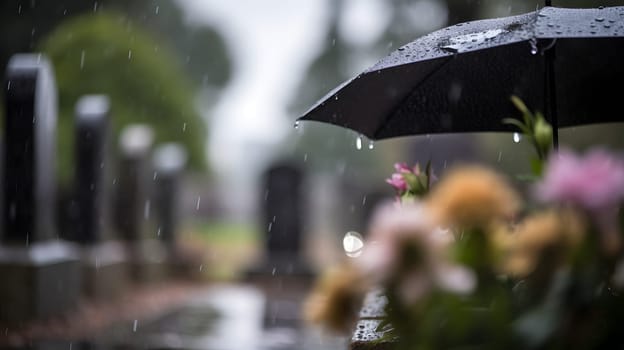 rainy funeral with bokeh. Neural network generated in May 2023. Not based on any actual person, scene or pattern.