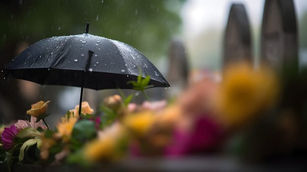 rainy funeral with bokeh. Neural network generated in May 2023. Not based on any actual person, scene or pattern.