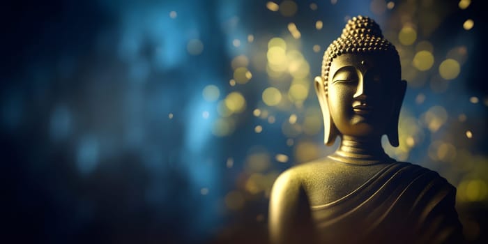 Buddha in a lotus position small statue in dark religious thoughtful environment with bokeh. Neural network generated in May 2023. Not based on any actual person, scene or pattern.