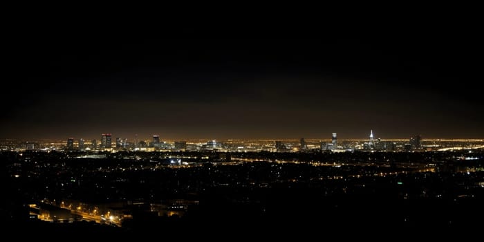 night city lights in the distance with black background. Neural network generated in May 2023. Not based on any actual scene or pattern.