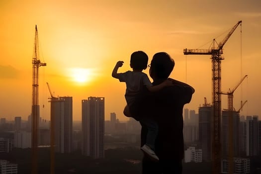 Asian boy on fathers shoulders with background of apartment buildings constructuion site with cranes on sunrise or sunset. Neural network generated in May 2023. Not based on actual person or scene.