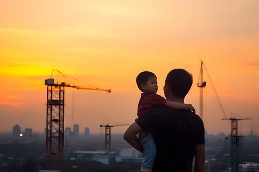 Asian boy on fathers shoulders with background of apartment buildings constructuion site with cranes on sunrise or sunset. Neural network generated in May 2023. Not based on actual person or scene.