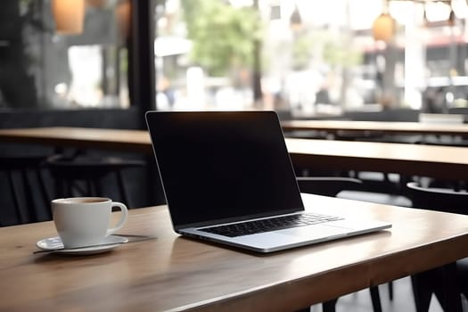 Laptop computer with blank screen on table of public cafe at sommer day. Neural network generated in May 2023. Not based on any actual scene or pattern.