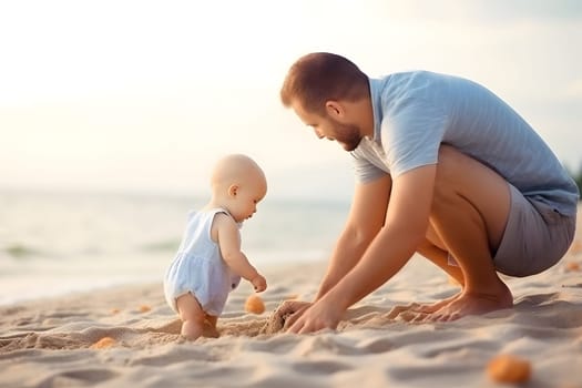 Fathers day. Dad and baby son playing together on sandy beach. Neural network generated in May 2023. Not based on any actual person, scene or pattern.