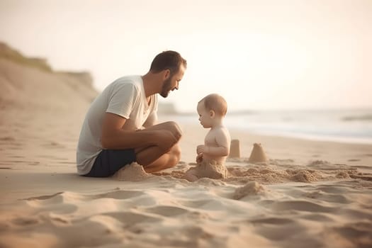 Fathers day. Dad and baby son playing together on sandy beach. Neural network generated in May 2023. Not based on any actual person, scene or pattern.