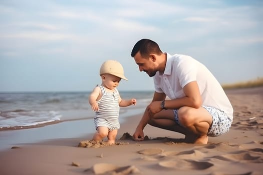 Fathers day. Dad and baby son playing together on sandy beach. Neural network generated in May 2023. Not based on any actual person, scene or pattern.