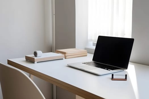 laptop computer on desk table in home or office cabinet. Neural network generated in May 2023. Not based on any actual scene or pattern.