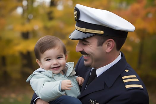 Airplane pilot with his son in park at autumnal day for Fathers Day. Neural network generated in May 2023. Not based on any actual person, scene or pattern.