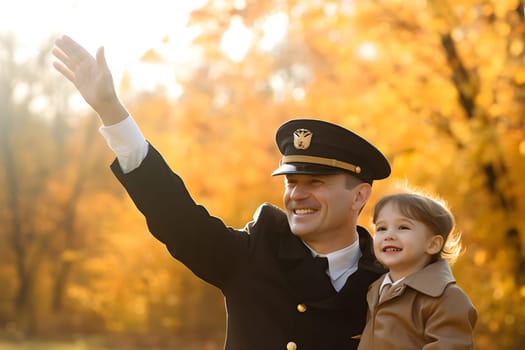 Airplane pilot with his son in park at autumnal day for Fathers Day. Neural network generated in May 2023. Not based on any actual person, scene or pattern.