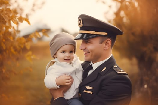 Airplane pilot with his son in park at autumnal day for Fathers Day. Neural network generated in May 2023. Not based on any actual person, scene or pattern.