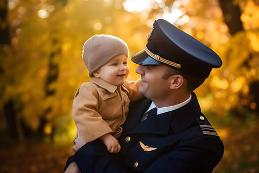 Airplane pilot with his son in park at autumnal day for Fathers Day. Neural network generated in May 2023. Not based on any actual person, scene or pattern.