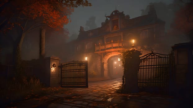 dark foggy night scene with gothic castle and gate in the fence. Neural network generated in May 2023. Not based on any actual scene or pattern.