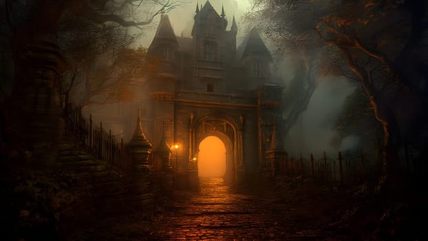 dark foggy night scene with gothic castle gate. Neural network generated in May 2023. Not based on any actual scene or pattern.