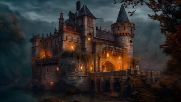 dark foggy night scene with gothic medieval stone castle building. Neural network generated in May 2023. Not based on any actual scene or pattern.