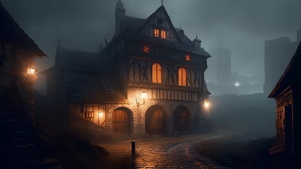 dark foggy night street of medieval european city with three-storey stone house. Neural network generated in May 2023. Not based on any actual scene or pattern.