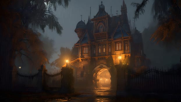 dark foggy night scene with gothic castle and gate in the fence. Neural network generated in May 2023. Not based on any actual scene or pattern.