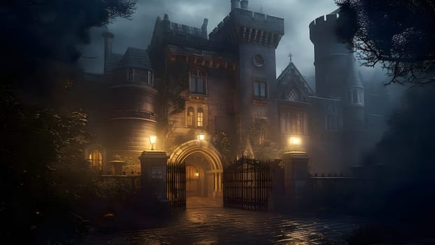 dark foggy night scene with gothic castle with gate in the fence. Neural network generated in May 2023. Not based on any actual scene or pattern.