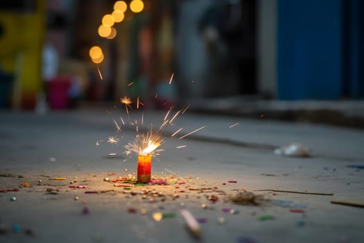 Happy Diwali - Lit diya lamp on street with firecrackers. Neural network generated in May 2023. Not based on any actual person, scene or pattern.