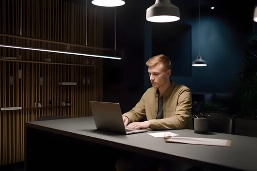 caucasian man working at laptop in contemporary office. Neural network generated in May 2023. Not based on any actual person, scene or pattern.