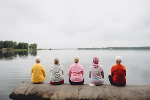 rear view of group of senior women doing yoga exercises n front of summer morning lake. Neural network generated in May 2023. Not based on any actual person, scene or pattern.