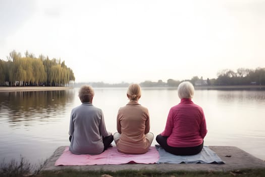 rear view of group of senior women doing yoga exercises n front of summer morning lake. Neural network generated in May 2023. Not based on any actual person, scene or pattern.