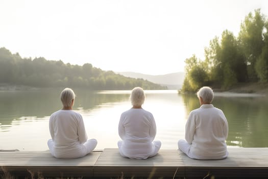 rear view of group of senior women doing yoga exercises on wooden pier in front of summer morning lake. Neural network generated in May 2023. Not based on any actual person, scene or pattern.