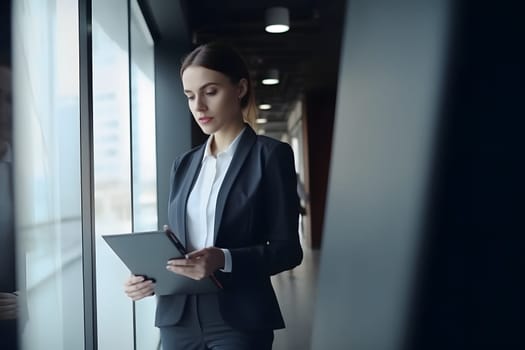 Serious female administrative manager in formal suit standing near window. Neural network generated in May 2023. Not based on any actual person, scene or pattern.
