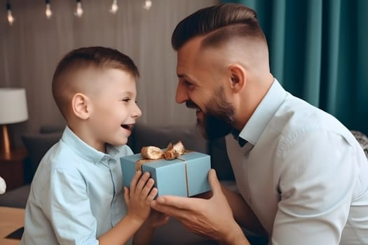 young Caucasian son gives a gift to caucasian dad for Fathers Day. Neural network generated in May 2023. Not based on any actual person, scene or pattern.