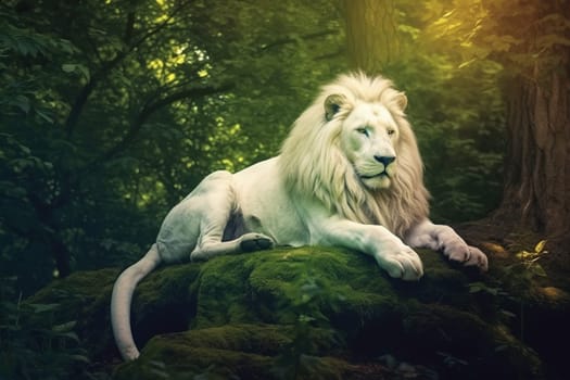 Big white lion lying in the green forest, generative ai