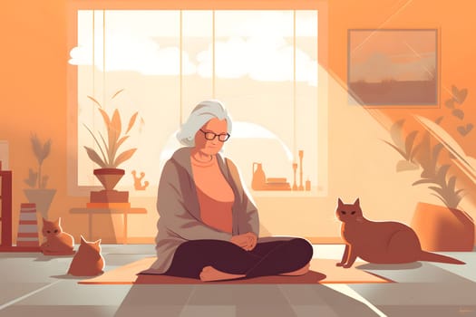 senior caucasian woman sitting and meditating on the floor of domestic room at morning. Neural network generated in May 2023. Not based on any actual person, scene or pattern.