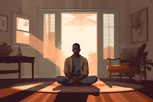 african american man sitting and meditating on the floor of domestic room. Neural network generated in May 2023. Not based on any actual person, scene or pattern.