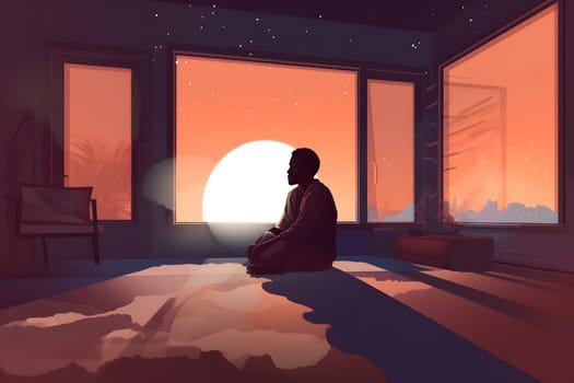 african american man sitting and meditating on the floor of domestic room at sunrise. Neural network generated in May 2023. Not based on any actual person, scene or pattern.