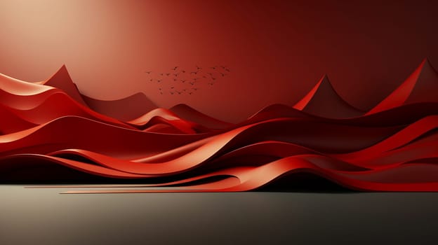 Modern graphics depicting red mountains and dunes with group birds flying above them, generative ai