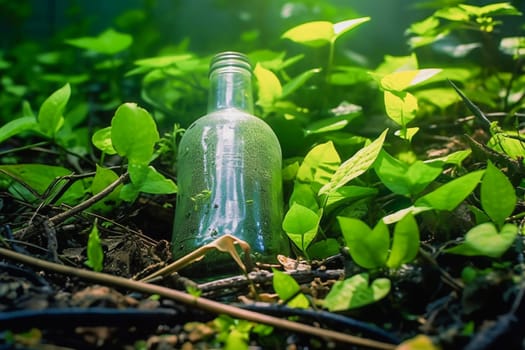 Glass bottle lying on the ground in the green forest, generative ai